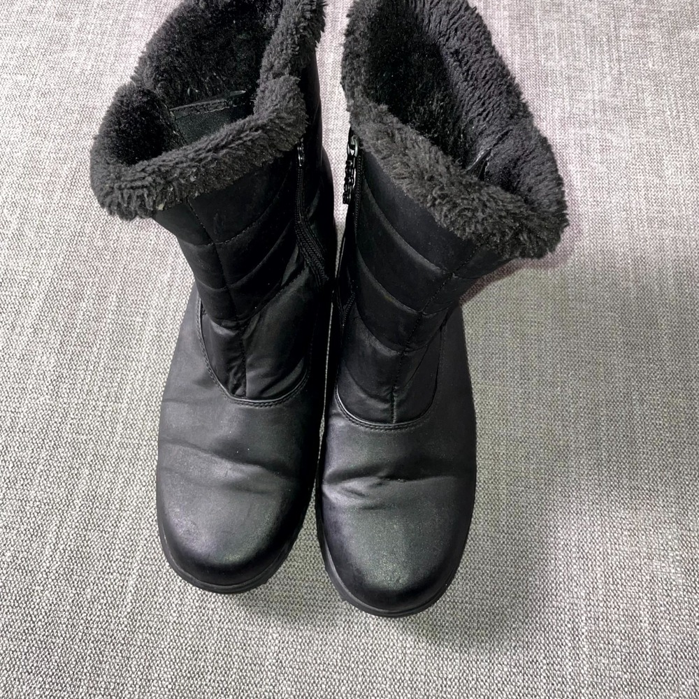 Totes Womens US 9 M Weather Boots Black Faux Fur Lined Side Zipper Mid Calf Snow